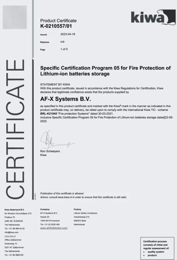 KIWA-certificaat van het AF-X aerosol blussysteem